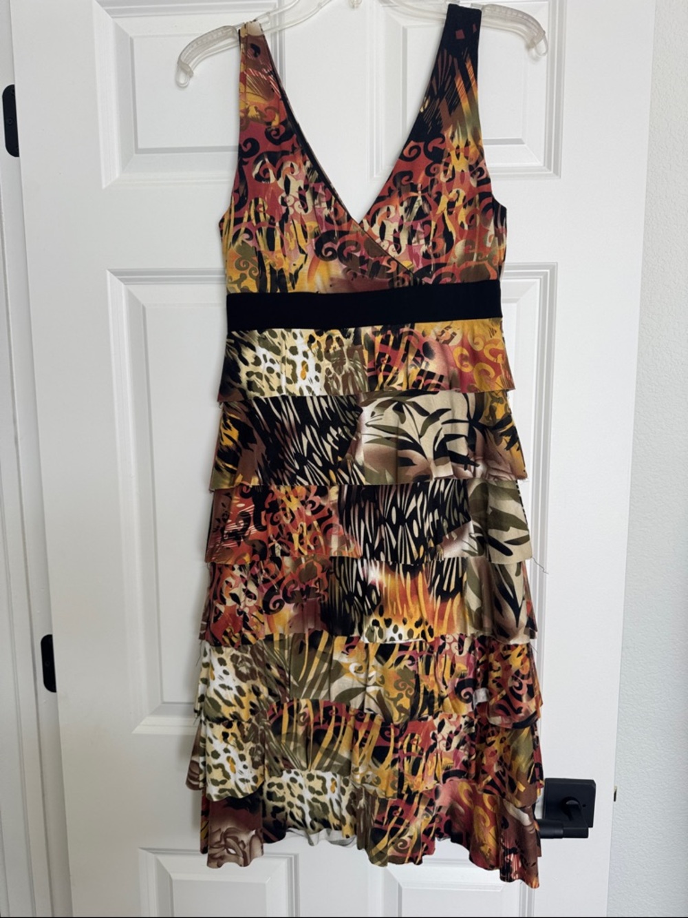 Frank Lyman Design Multi-Print Tiered V-Neck Dress - Picture 2 of 3
